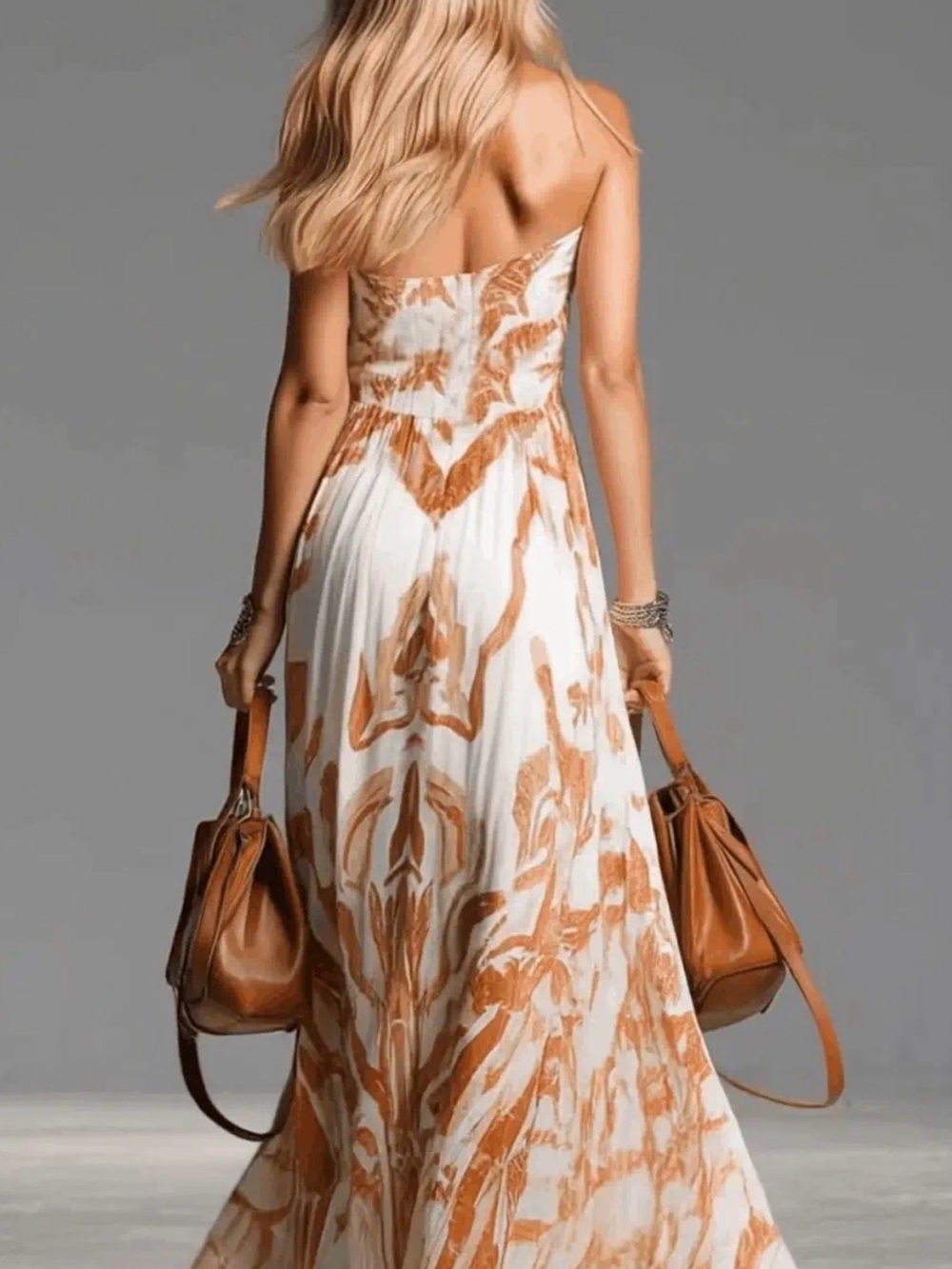 Boho Halter Maxi Dress in Ivory and Brown - Picture 9 of 10